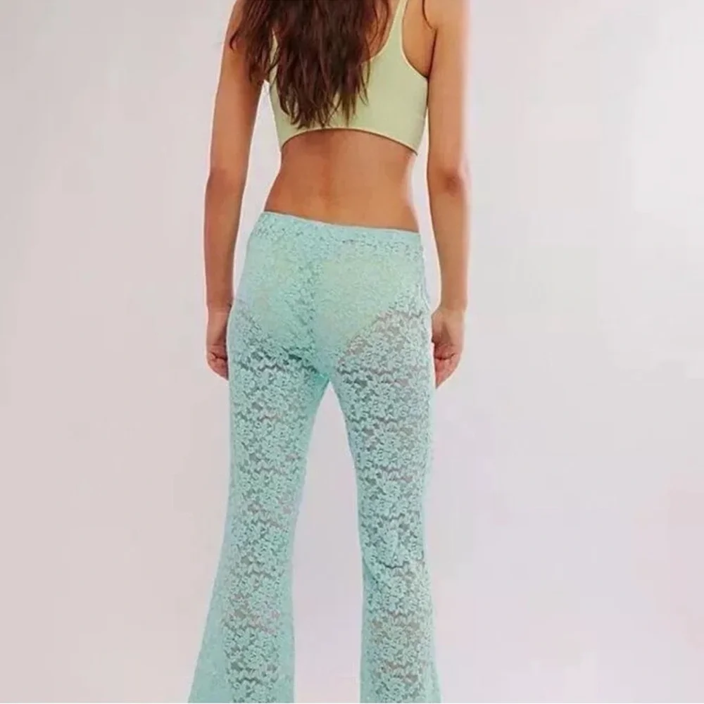 Free People All Day Lace Flare Pants Turquoise Blue Large